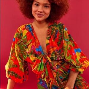 Tropical Leaf Print Tie-Front Blouse